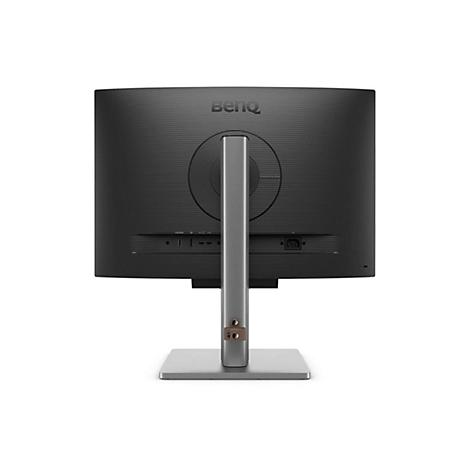 Rückseite eines schwarzen Monitors mit Standfuß, auf weißem Hintergrund. Oben: BENQ.
