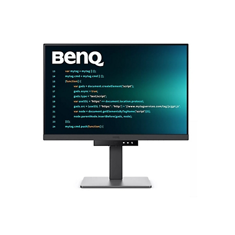 Ein schwarzer Monitor der Marke BenQ zeigt eine Code-Zeile mit blauem Hintergrund.