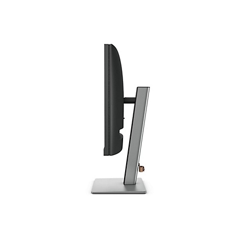 Seitenansicht eines schlanken, grauen Monitors. Er steht auf einem quadratischen Fuß, der Monitor selbst ist schwarz.