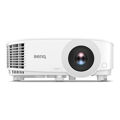 Weißer BenQ-Projektor, Frontansicht. Mit Logo, Objektiv und 1080P-Aufdruck. Auf hellem Hintergrund.