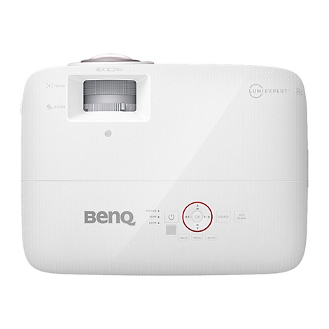 Weißer BenQ-Projektor, Knöpfe mit Aufschriften: Power, Menü, OK, Source. Oben: Focus und Zoom.