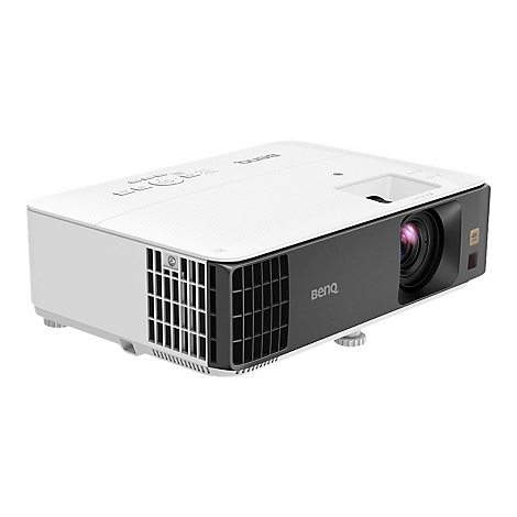 WeiÃŸ-grauer Beamer, Marke Benq. Dunkle Linse, LÃ¼ftungsschlitze, KnÃ¶pfe und AnschlÃ¼sse.