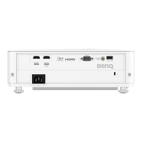 RÃ¼ckseite eines weiÃŸen Projektors mit AnschlÃ¼ssen: HDMI, Audio, USB, RS-232. BenQ Logo.