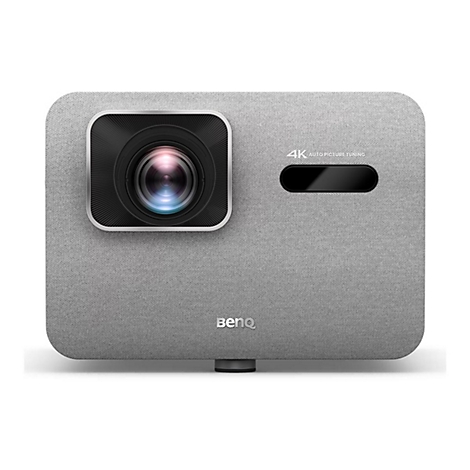 Projecteur gris avec un objectif noir et le logo BenQ. En haut, il est écrit "4K AUTO PICTURE TUNING".