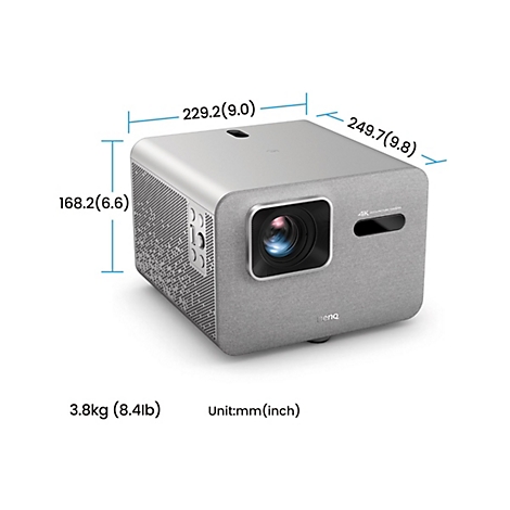Ein grauer Projektor mit den Maßen 229,2 x 249,7 x 168,2 mm, mit Angabe des Gewichts 3,8 kg. Auf der Front steht BenQ, darunter „4K AUTO PICTURE TUNNING“.