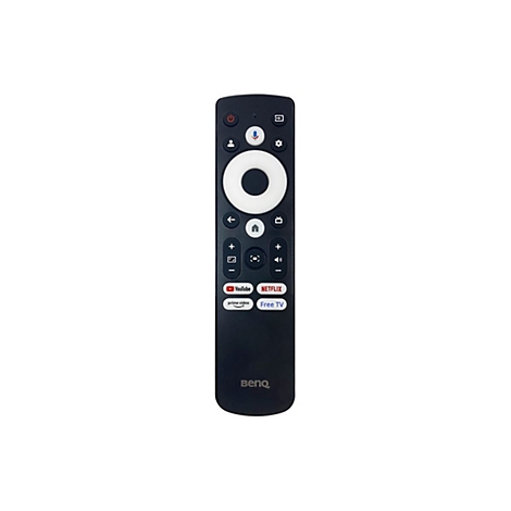 Télécommande noire avec boutons. Haut : marche/arrêt, micro, engrenage. Milieu : molette de navigation. Bas : YouTube, Netflix, Prime Video, Free TV.