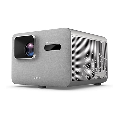 Grauer Projektor, 4K Auto Picture Tuning, Objektiv mit blauem Licht, seitliche Lüftungslöcher, BenQ-Logo.