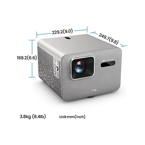 Projecteur gris avec dimensions, poids de 3,8 kg, logo BenQ et réglage automatique d'image 4K.