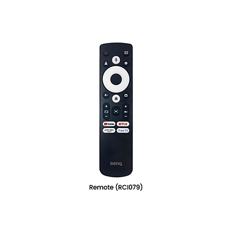 Télécommande noire avec boutons. Logo BenQ en haut, boutons tels que volume, menu, accueil en dessous. Texte : Remote (RCI079).