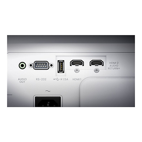 Gros plan de l'arrière d'un projecteur avec ports audio, HDMI, USB et alimentation.