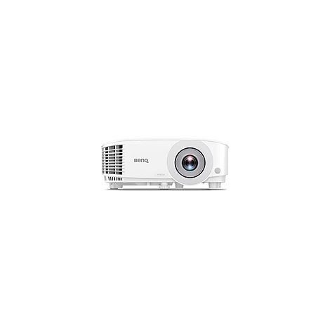 Weißer Projektor der Marke BenQ. Sichtbar sind das Objektiv, Lüfter und Bedienelemente.