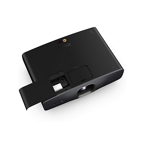 Projecteur BenQ noir, avec compartiment ouvert, sur fond blanc. Le texte "4K" est visible.