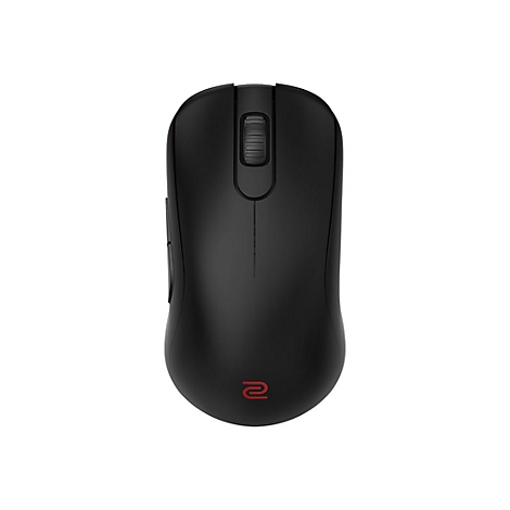 Souris de jeu noire avec logo rouge. Molette de défilement en haut, deux boutons sur le côté. Sur fond blanc.