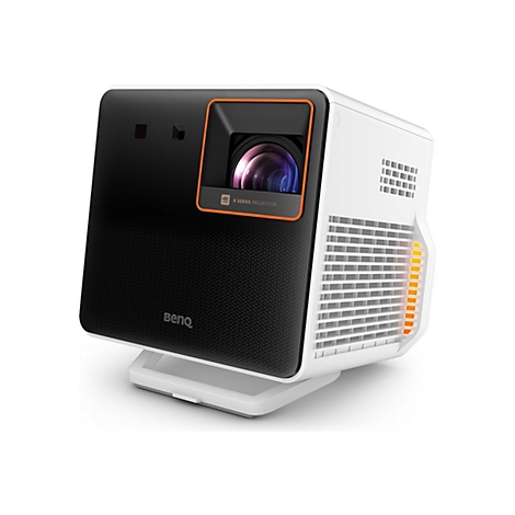 Kompakter weiß-schwarzer BenQ 4K-Beamer mit orangefarbenem Akzent um das Objektiv auf hellem Hintergrund.