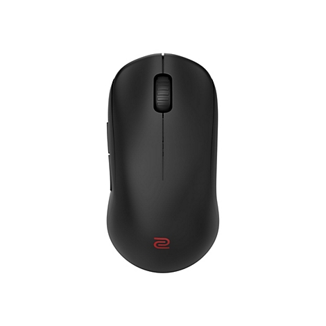 Vue de dessus d'une souris de jeu noire avec un logo rouge. La molette de défilement est visible.