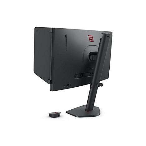 Rückansicht eines schwarzen Gaming-Monitors mit Standfuß, Sidetrades und separater Steuereinheit auf weißem Hintergrund.