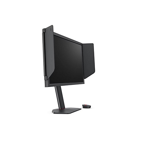 Schwarzer Gaming-Monitor mit Sichtschutzblenden auf einem Standfuß, daneben liegt ein S-Switch Controller.