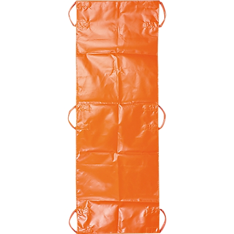 Oranje draaghulp, met handgrepen. De draagconstructie is opgevouwen.