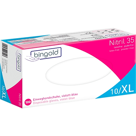 Een doos blauwe nitril handschoenen. Op de doos staat 'bingold', 'Nitril 35', 'latexvrij' en '10/XL'.