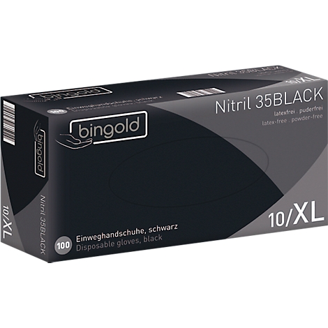 Zwarte handschoenendoos. Opschrift: bingold, Nitril 35BLACK, latexvrij, poedervrij, wegwerphandschoenen. Maat 10/XL.