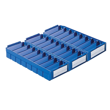 Blaue Kunststoffboxen mit mehreren Fächern, ideal zur Organisation von Kleinteilen.