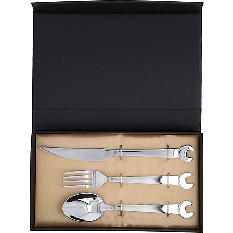 Besteckset in Geschenkbox. Messer, Gabel und Löffel, jedes mit Schraubenschlüssel-Griff.