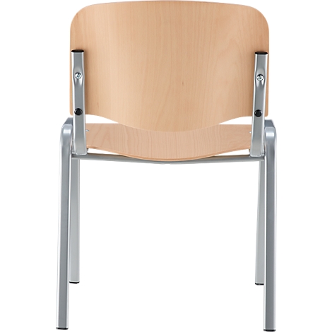 Rückansicht eines Stuhls. Holzlehne und Sitzfläche mit silbernen Metallbeinen.