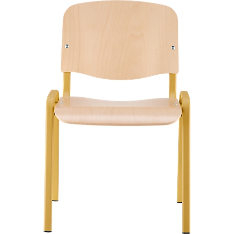 Stuhl mit hellbrauner Sitzfläche und Rückenlehne sowie gelben Beinen.
