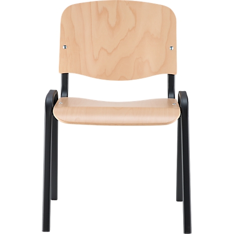 Ein Holzstuhl mit schwarzem Metallgestell. Die Sitzfläche und Lehne sind hellbraun, mit sichtbarer Holzmaserung.