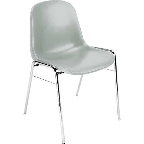 A light grey chair with a shell-shaped seat and chrome metal legs. The chair stands in front of a white background.