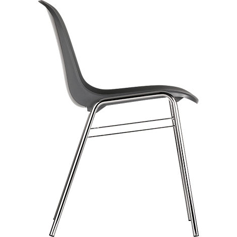 Dark gray chair in profile. Seat and backrest are made of plastic, legs of metal.