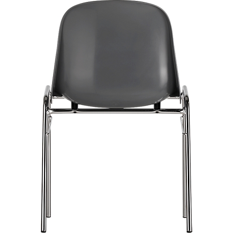 Grey chair, seen from behind. Plastic seat shell, chrome-plated metal frame.