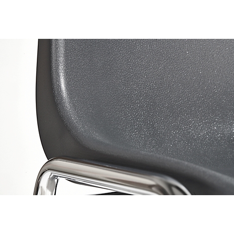 Close-up of a chair: dark gray, textured seat, silver chair legs.