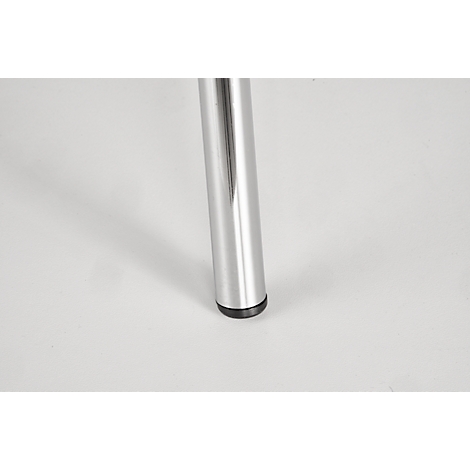 A polished metal leg of a chair or table, black foot, on a light background.
