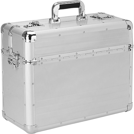Silver aluminum case with handle, locks, and corner protection.