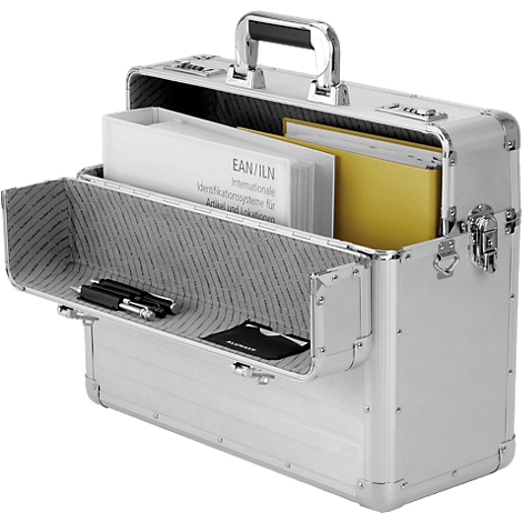 Open aluminium briefcase with documents, pens and a business card. Lined with fabric inside.