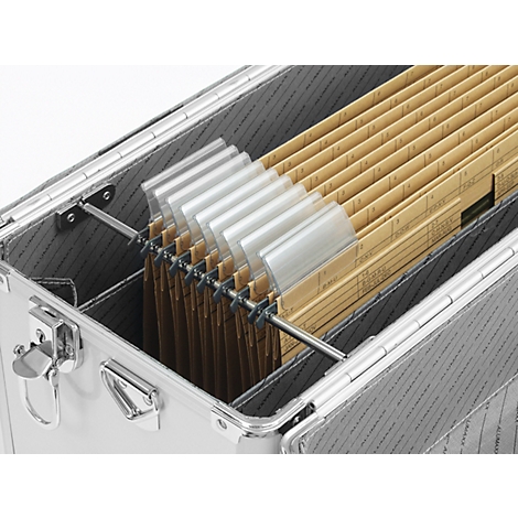 Silver case filled with hanging file folders. Clear, transparent tabs facilitate orientation.
