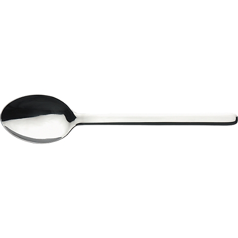 Close-up of a shiny, metallic teaspoon. The spoon has a round bowl and a sleek, flat handle.
