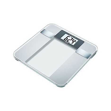 Digitale Personenwaage mit Glasoberfläche und LCD-Display, das 62,4 kg anzeigt.