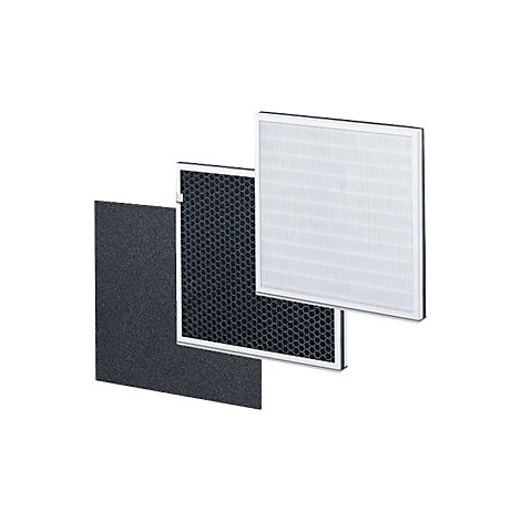 Drei quadratische Filterelemente für Luftreiniger: ein grauer Vliesfilter, ein schwarzer Wabenfilter und ein weißer Lamellenfilter.
