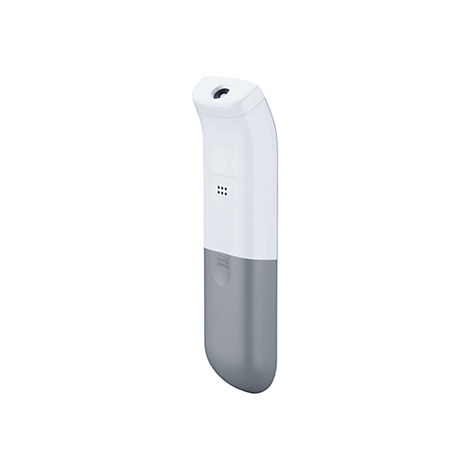 Weißes, handgehaltenes Infrarot-Thermometer mit grauer Basis vor weißem Hintergrund.