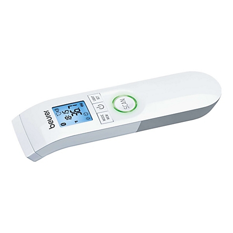 Weißes Beurer Kontaktloses Fieberthermometer mit digitalem Display und Scan-Taste vor weißem Hintergrund.
