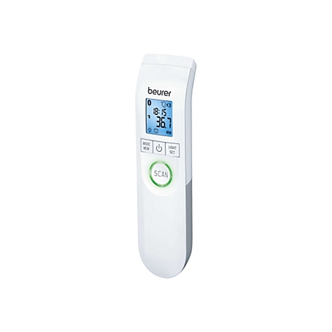 Weißes Beurer Kontaktloses Thermometer mit digitaler Anzeige und grüner Scantaste auf weißem Hintergrund.