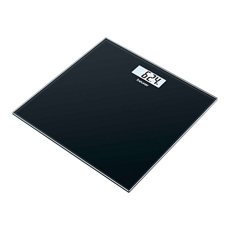 Schwarze digitale Personenwaage von Beurer mit Glasoberfläche und beleuchtetem LCD-Display zeigt 62,4 kg an.