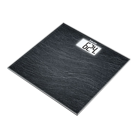 Quadratische Beurer Personenwaage in dunkler Steinoptik mit beleuchtetem Display, zeigt 62,4 kg an.