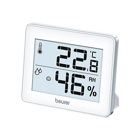 Digitales Beurer Thermo-Hygrometer mit weißem Rahmen, das Temperatur und Luftfeuchtigkeit auf einem Display anzeigt.