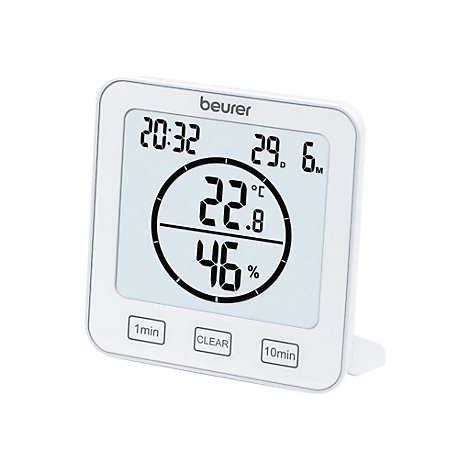 Digitales Beurer Thermo-Hygrometer in Weiß mit Displayanzeige für Uhrzeit, Datum, Temperatur und Luftfeuchtigkeit.