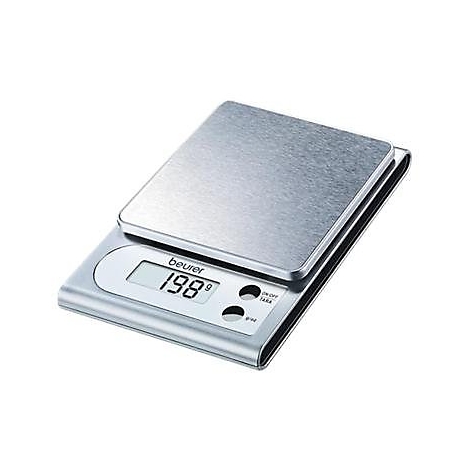 Digitale Küchenwaage von Beurer mit Edelstahlwiegefläche und LCD-Display, das 198g anzeigt.