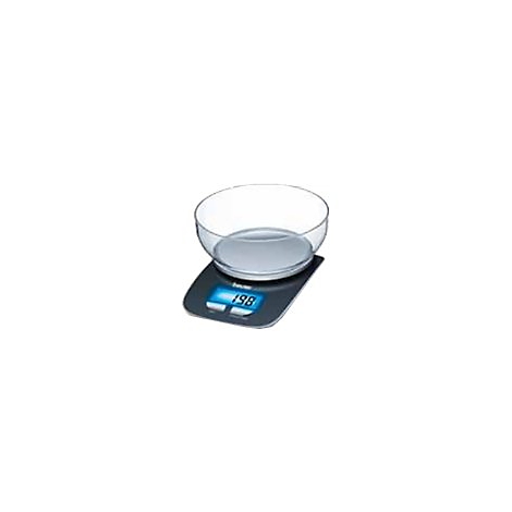 Digitale Küchenwaage in Schwarz mit aufgesetzter transparenter Glasschale und leuchtendem Display.