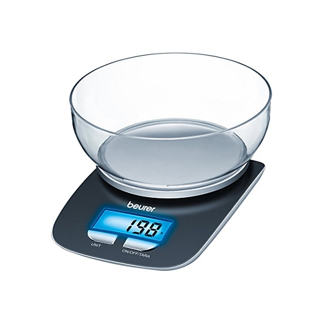 Beurer Küchenwaage in Schwarz mit beleuchtetem blauem Display und transparenter Glasschüssel auf weißem Hintergrund.
